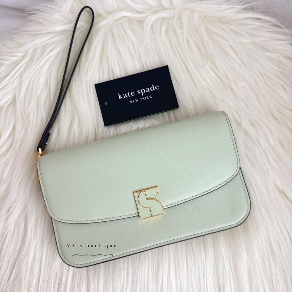 NWT Kate Spade Dakota Flap Smooth Leather Wristlet Bag Oak Moss Mint Green KD173